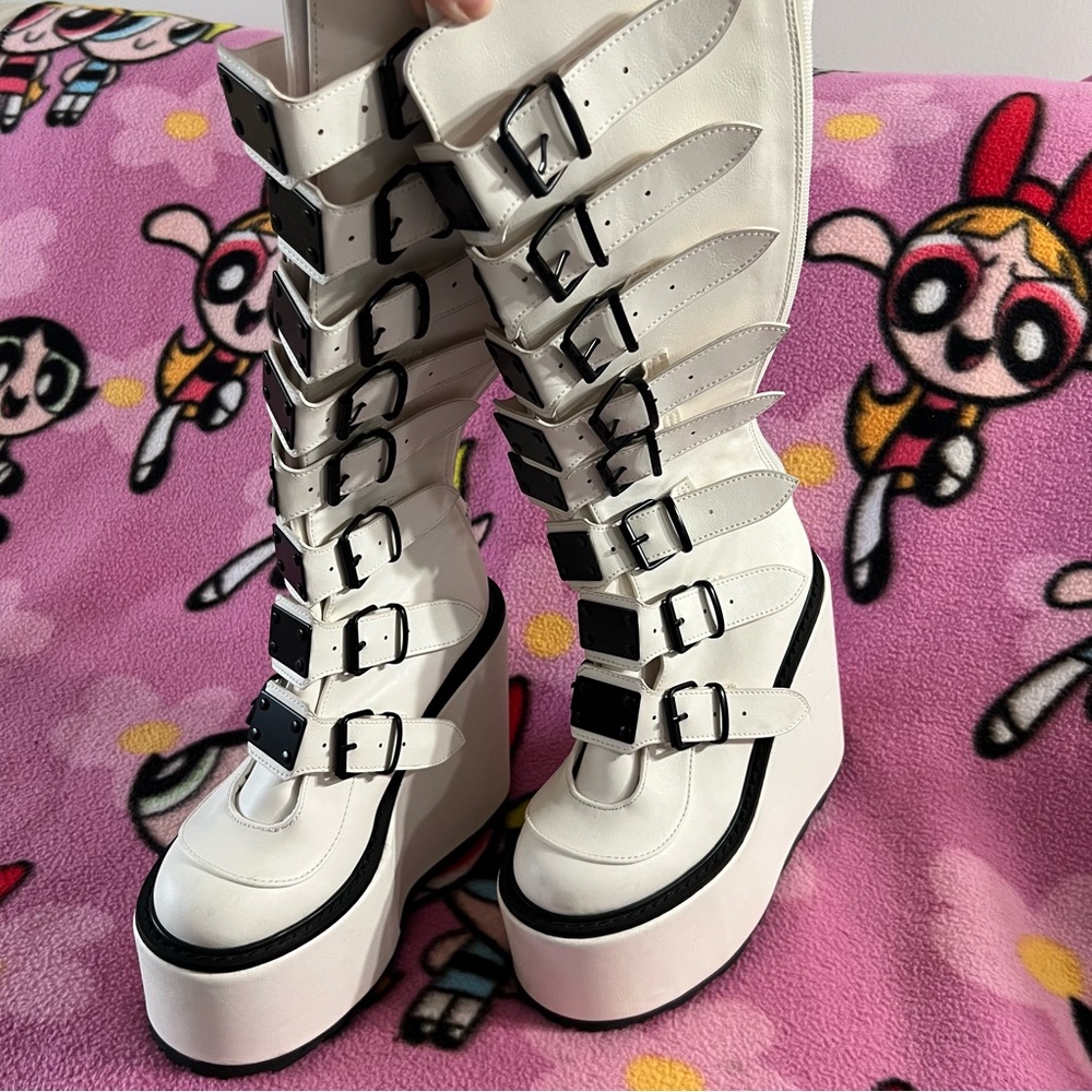 Demonia Swing 815 White and Black Platform Buckle Boots